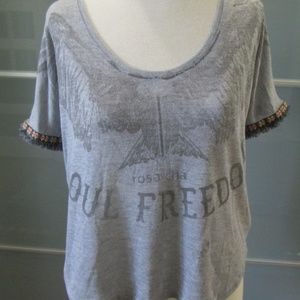 "Soul Freedom" Distressed Embellished Sleeve Hi-Lo